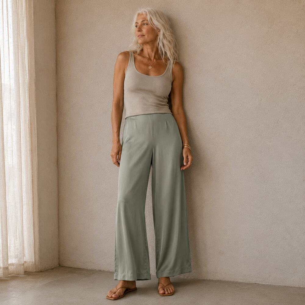 Wide Leg Pull On Satin Pants Minimalist Quiet Luxury Sage Green High Rise 6 Joie